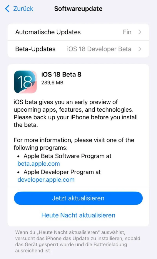 比如苹果手机维修分享苹果 iOS / iPadOS 18 开发者预览版 Beta 8 发布 